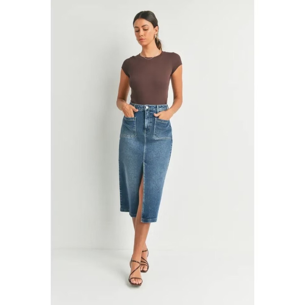 Just Black Denim High Rise Front Slit Jean Skirt | Size Medium